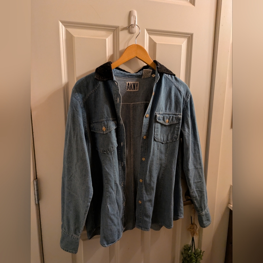 AKNY Vintage Denim Shirt with Black Velvet Collar
